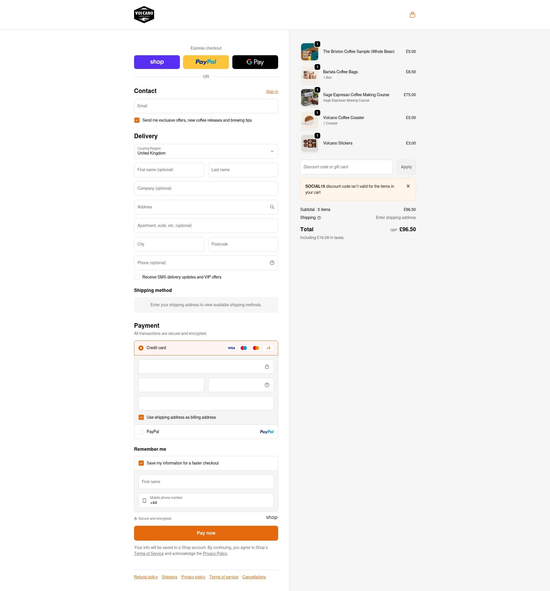 Volcano Coffee Works checkout page showing Volcano Coffee Works discount code box | Screenshot taken by SimplyCodes community member on Jan 2, 2026