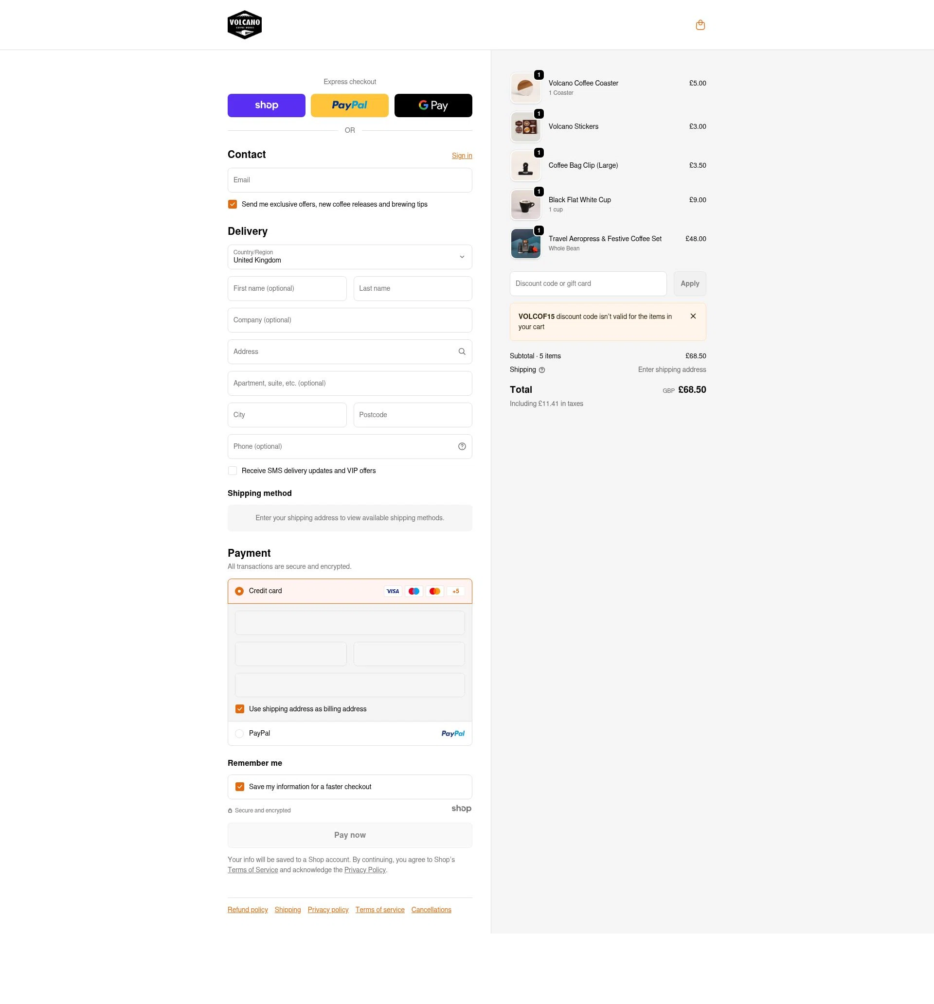 Volcano Coffee Works checkout page showing Volcano Coffee Works discount code box | Screenshot taken by SimplyCodes community member on Dec 28, 2025