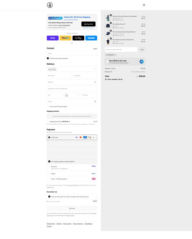 Volcom checkout page showing Volcom discount code box | Screenshot taken by SimplyCodes community member on Sep 6, 2025