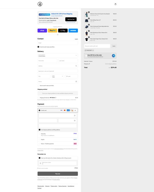 Volcom checkout page showing Volcom discount code box | Screenshot taken by SimplyCodes community member on Aug 29, 2025