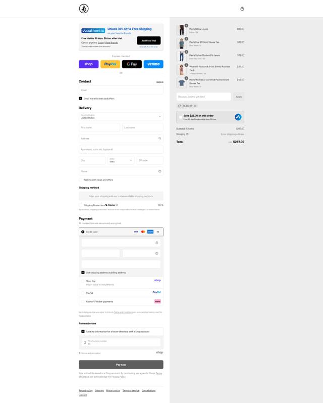 Volcom checkout page showing Volcom discount code box | Screenshot taken by SimplyCodes community member on Sep 15, 2025