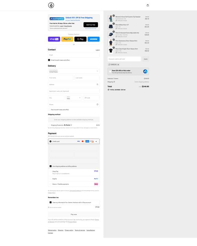 Volcom checkout page showing Volcom discount code box | Screenshot taken by SimplyCodes community member on Aug 25, 2025