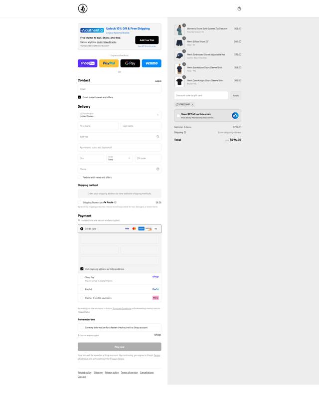 Volcom checkout page showing Volcom discount code box | Screenshot taken by SimplyCodes community member on Aug 25, 2025