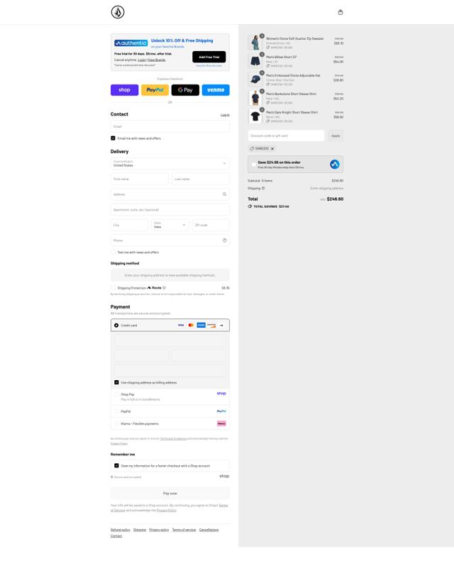 Volcom checkout page showing Volcom discount code box | Screenshot taken by SimplyCodes community member on Aug 29, 2025