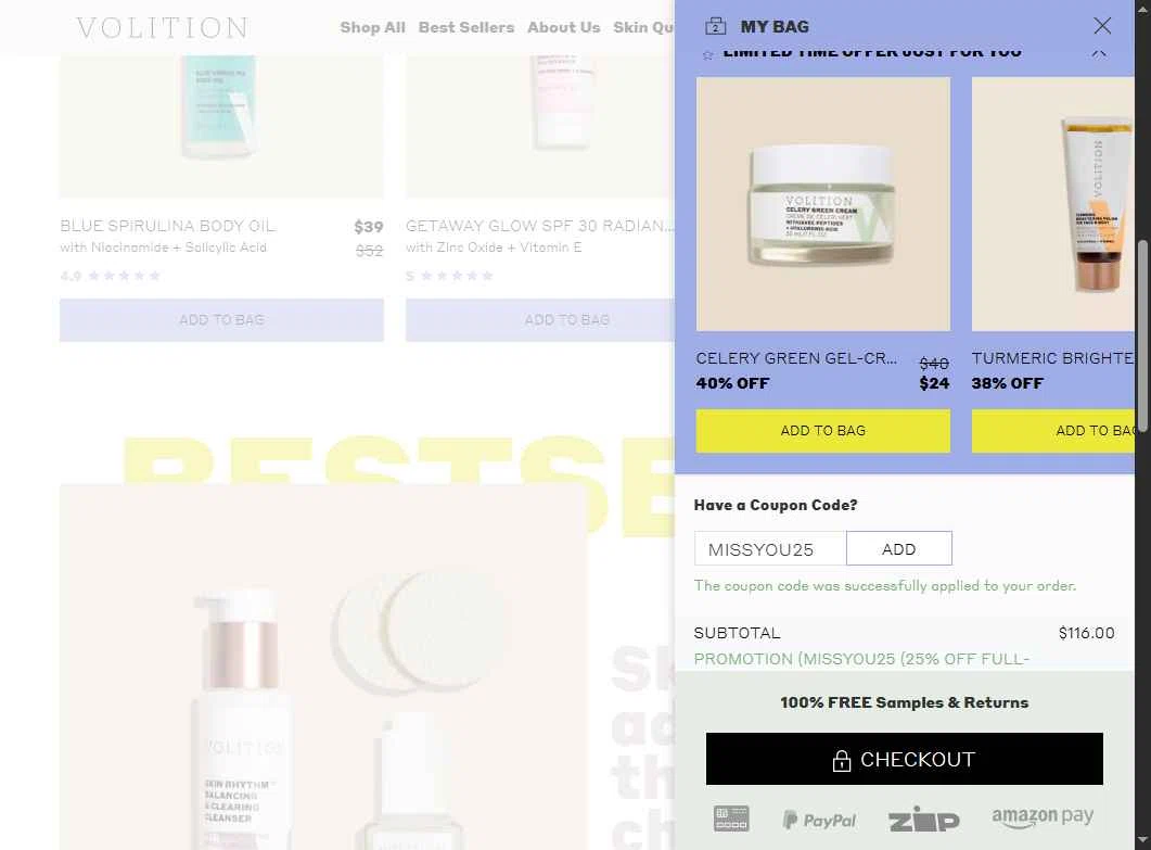 Volition Beauty checkout page showing Volition Beauty promo code box | Screenshot taken by SimplyCodes community member on Jul 19, 2025