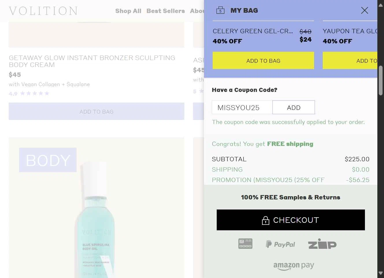 Volition Beauty checkout page showing Volition Beauty promo code box | Screenshot taken by SimplyCodes community member on Oct 14, 2025