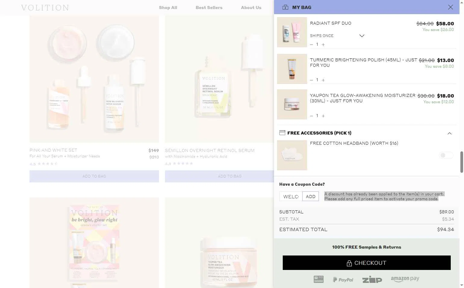 Volition Beauty checkout page showing Volition Beauty promo code box | Screenshot taken by SimplyCodes community member on Jun 20, 2025