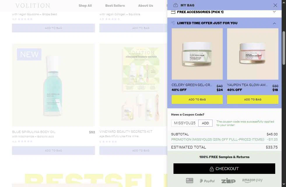 Volition Beauty checkout page showing Volition Beauty promo code box | Screenshot taken by SimplyCodes community member on Sep 15, 2025