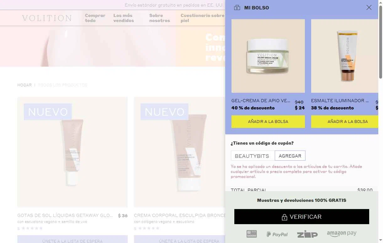 Volition Beauty checkout page showing Volition Beauty promo code box | Screenshot taken by SimplyCodes community member on Jul 19, 2025