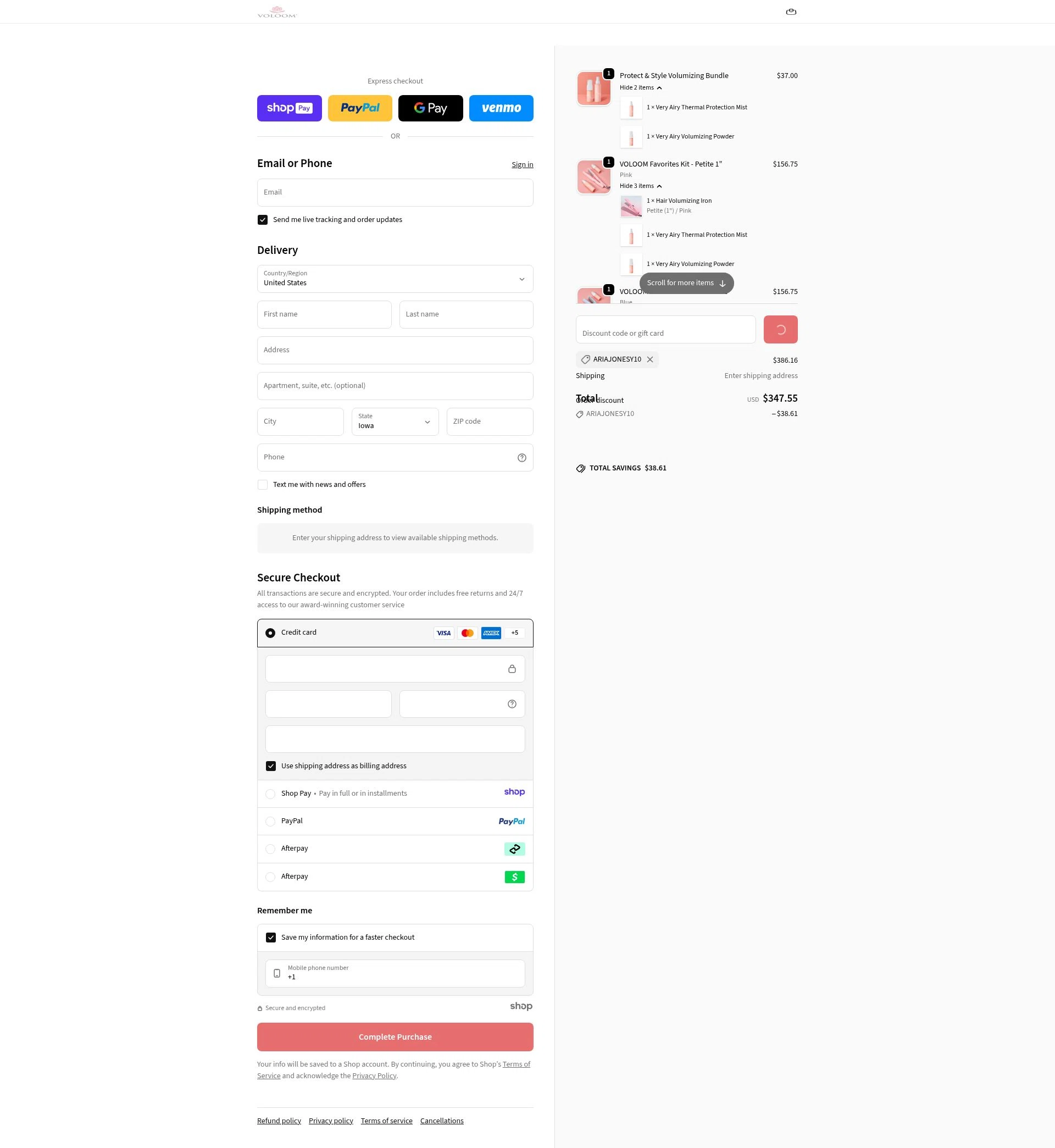 Voloom checkout page showing Voloom discount code box | Screenshot taken by SimplyCodes community member on Jan 11, 2026