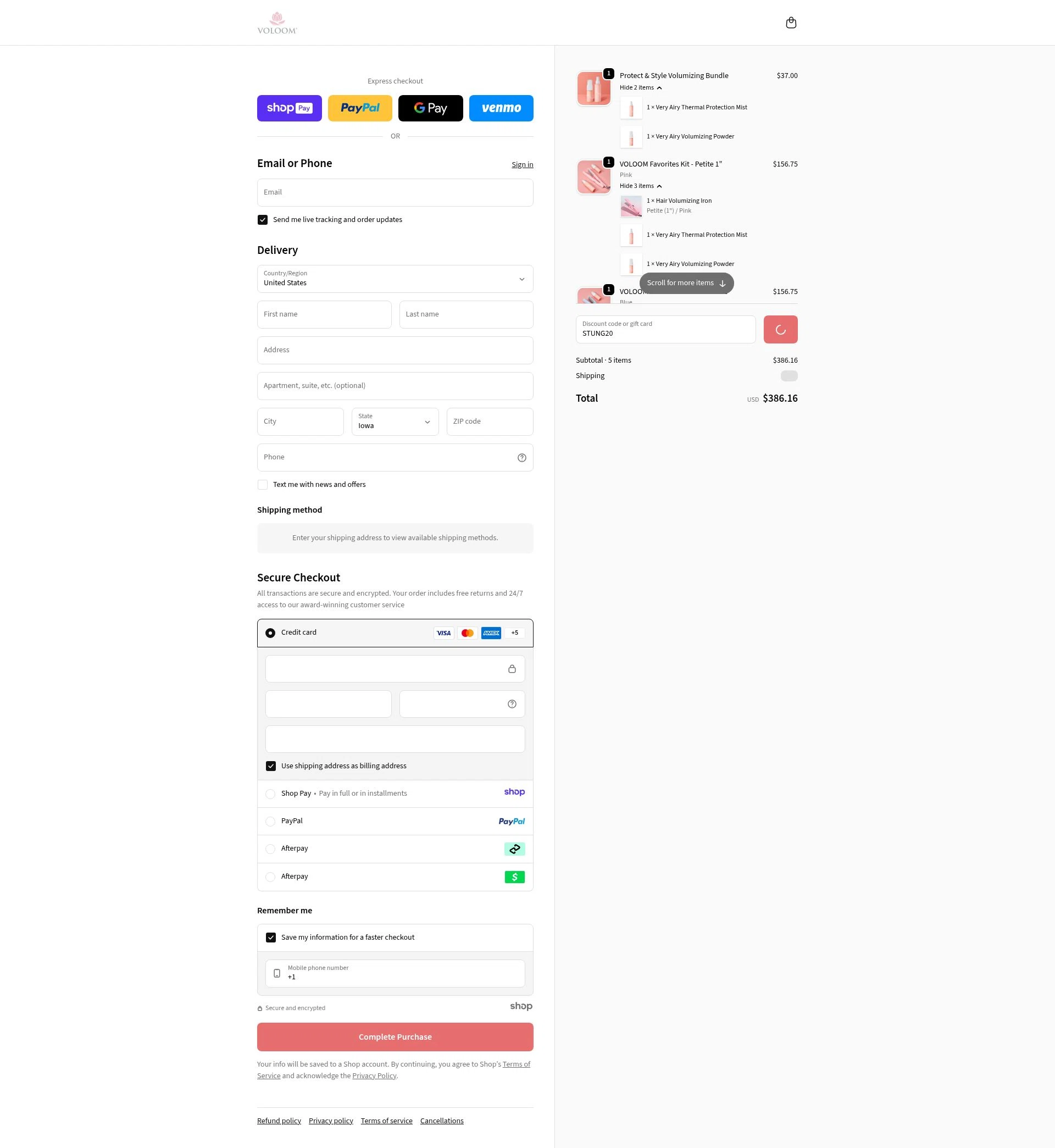 Voloom checkout page showing Voloom discount code box | Screenshot taken by SimplyCodes community member on Jan 11, 2026