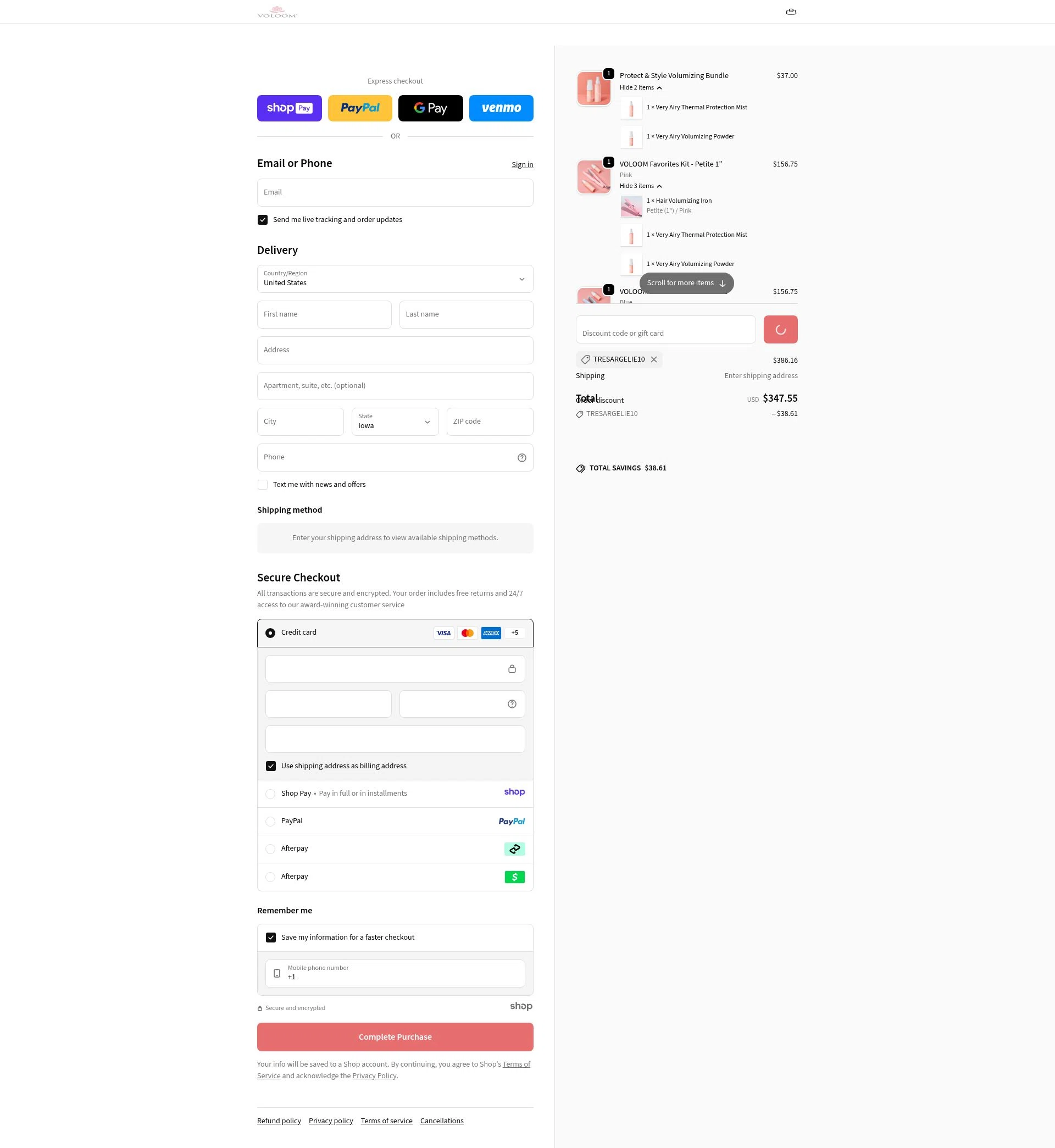 Voloom checkout page showing Voloom discount code box | Screenshot taken by SimplyCodes community member on Jan 11, 2026