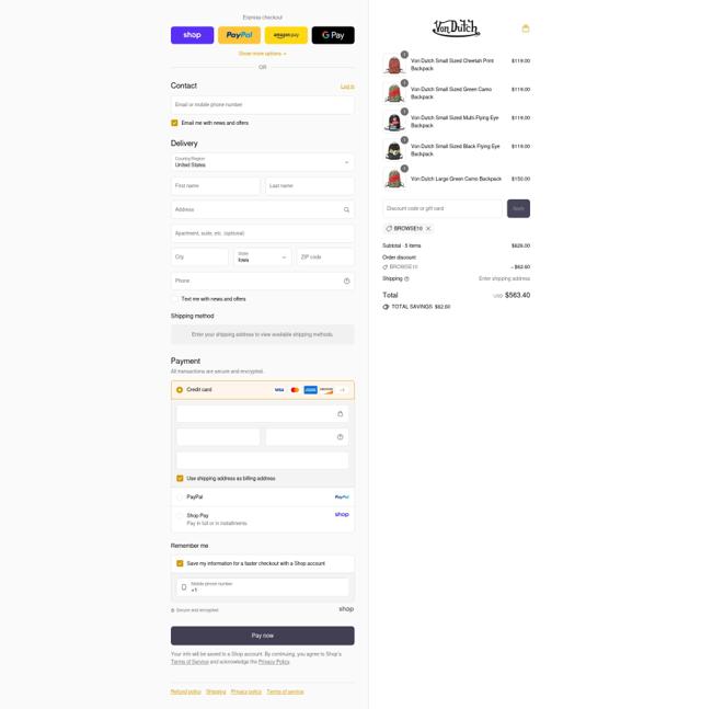 Von Dutch checkout page showing Von Dutch discount code box | Screenshot taken by SimplyCodes community member on Sep 6, 2025