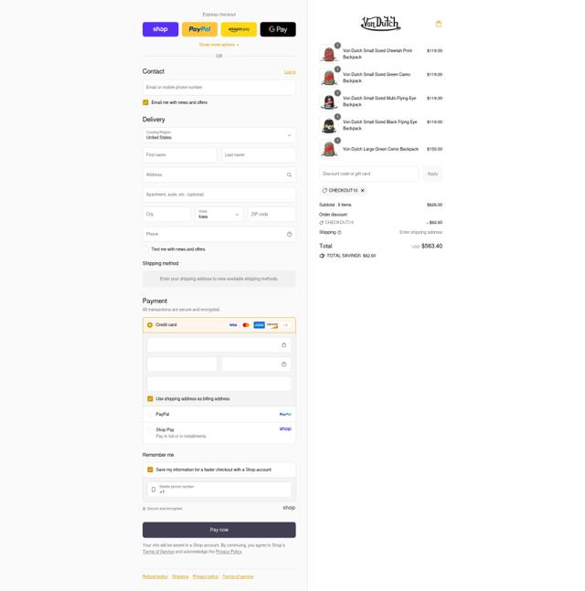 Von Dutch checkout page showing Von Dutch discount code box | Screenshot taken by SimplyCodes community member on Sep 7, 2025
