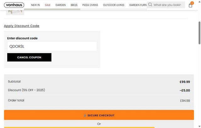 VonHaus checkout page showing VonHaus discount code box | Screenshot taken by SimplyCodes community member on Aug 20, 2025