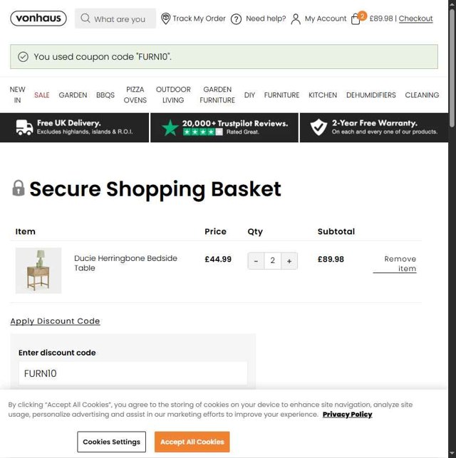 VonHaus checkout page showing VonHaus discount code box | Screenshot taken by SimplyCodes community member on Aug 20, 2025
