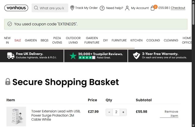 VonHaus checkout page showing VonHaus discount code box | Screenshot taken by SimplyCodes community member on Jul 11, 2025