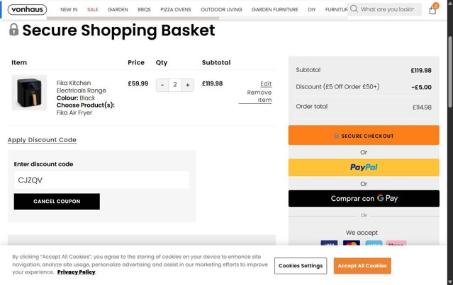 VonHaus checkout page showing VonHaus discount code box | Screenshot taken by SimplyCodes community member on Jul 20, 2025