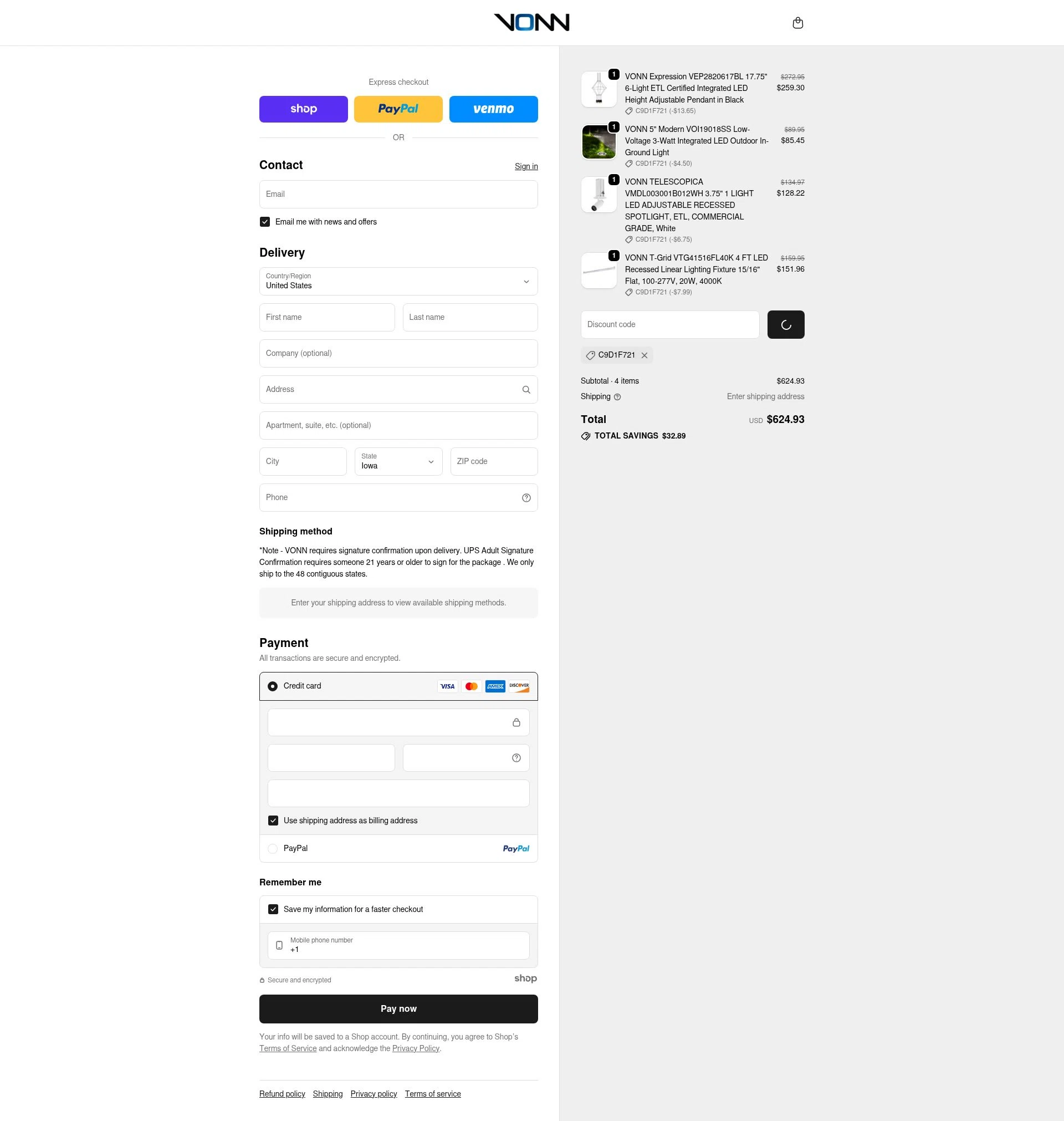VONN checkout page showing VONN promo code box | Screenshot taken by SimplyCodes community member on Dec 31, 2025