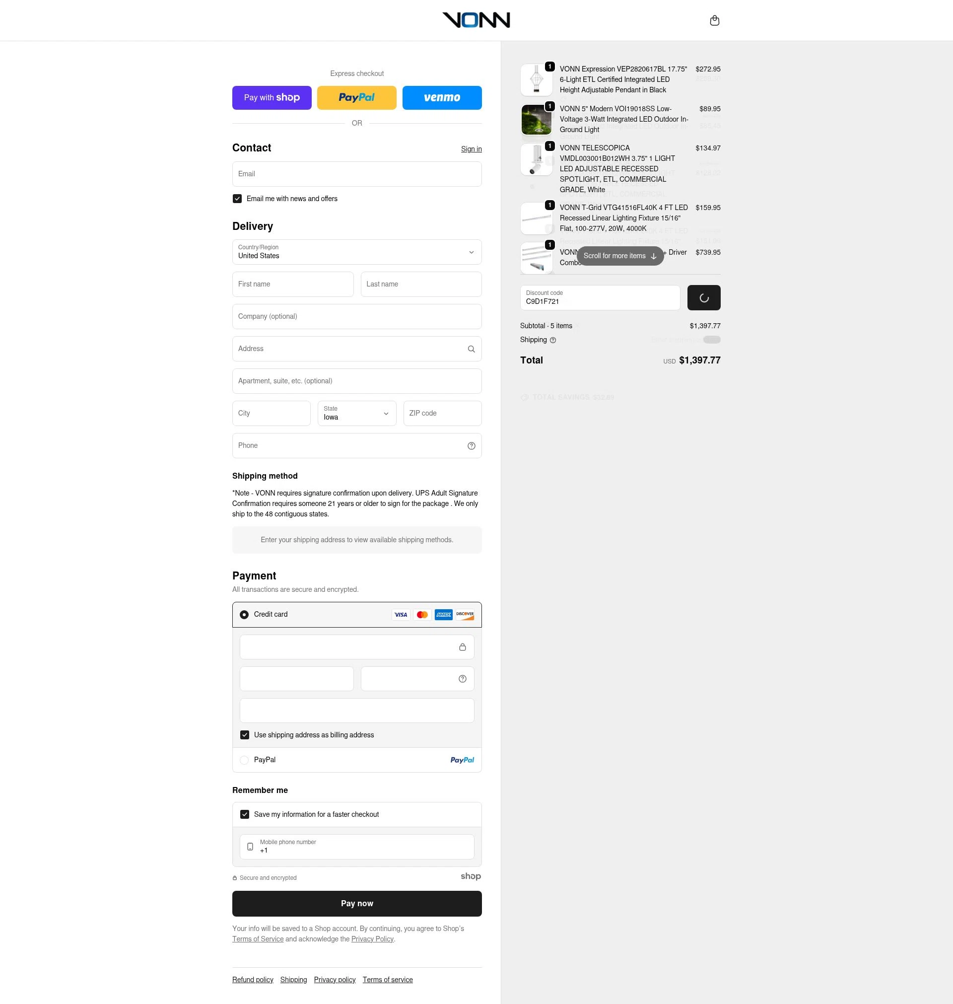 VONN checkout page showing VONN promo code box | Screenshot taken by SimplyCodes community member on Jan 10, 2026
