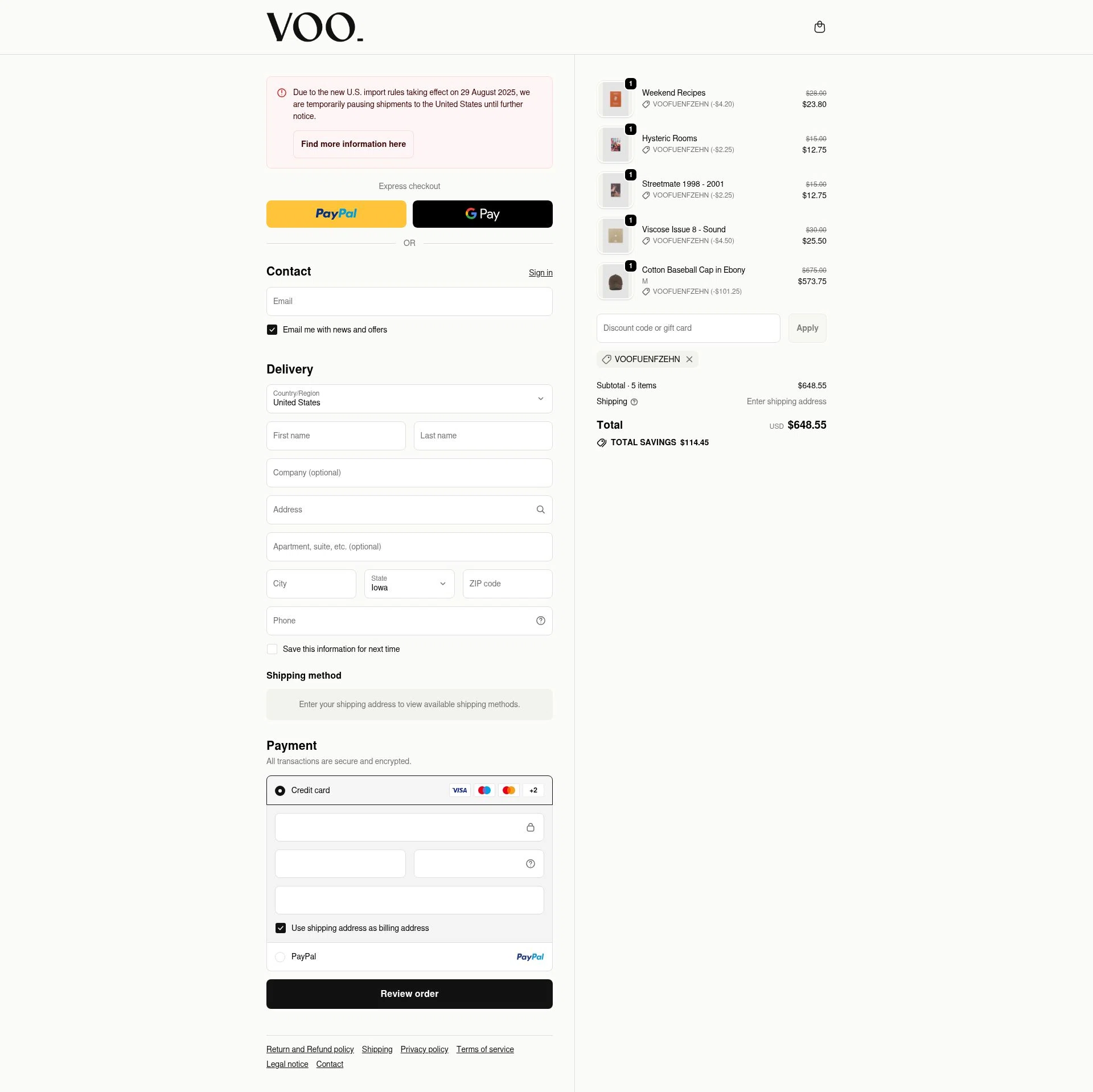 Voo Store checkout page showing Voo Store promo code box | Screenshot taken by SimplyCodes community member on Nov 28, 2025