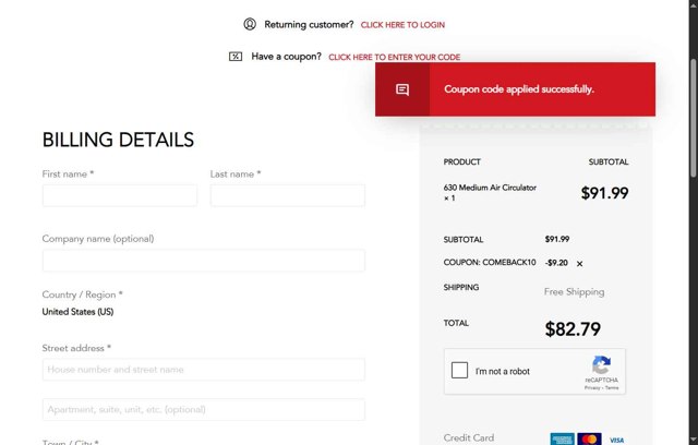 Vornado checkout page showing Vornado coupon code box | Screenshot taken by SimplyCodes community member on Apr 28, 2025