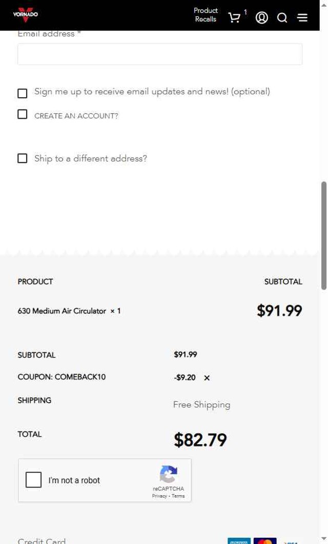 Vornado checkout page showing Vornado coupon code box | Screenshot taken by SimplyCodes community member on Apr 28, 2025