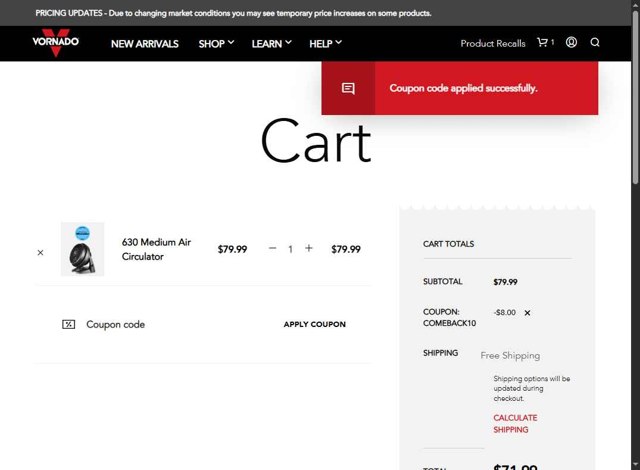 Vornado checkout page showing Vornado coupon code box | Screenshot taken by SimplyCodes community member on May 27, 2025
