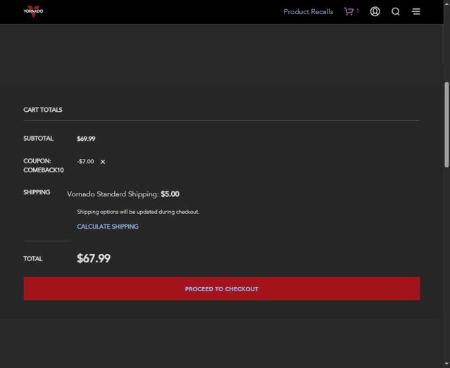 Vornado checkout page showing Vornado coupon code box | Screenshot taken by SimplyCodes community member on May 27, 2025