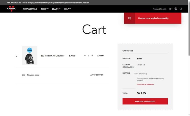 Vornado checkout page showing Vornado coupon code box | Screenshot taken by SimplyCodes community member on May 27, 2025