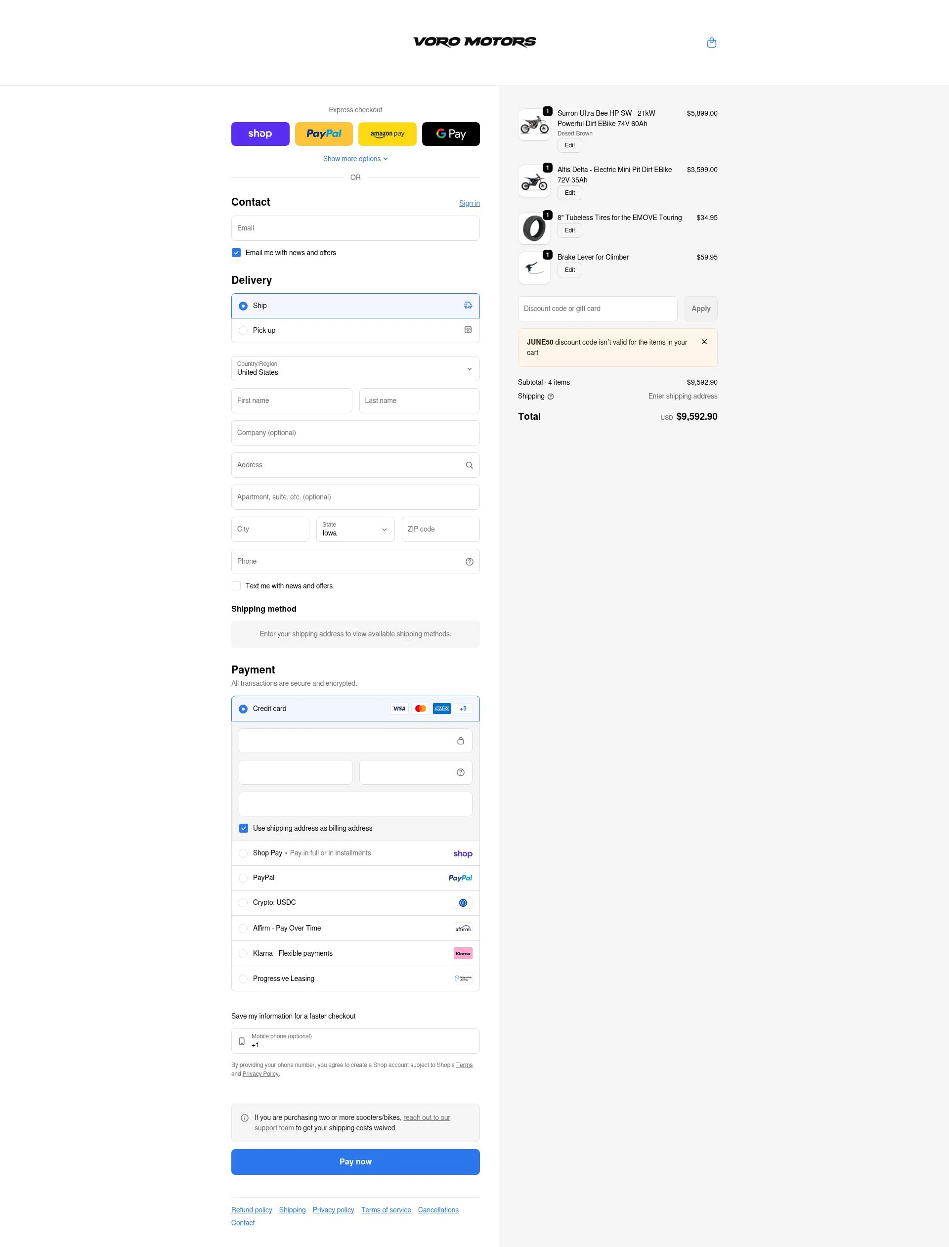 Voro Motors checkout page showing Voro Motors discount code box | Screenshot taken by SimplyCodes community member on Feb 18, 2026