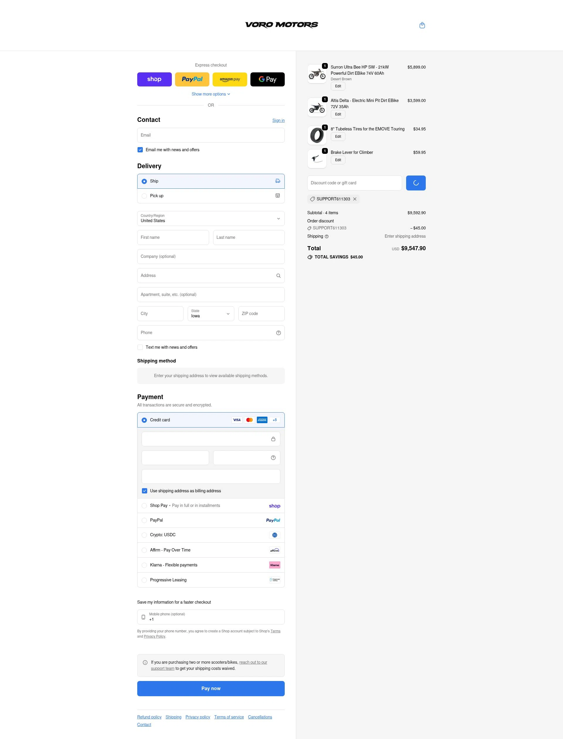 Voro Motors checkout page showing Voro Motors discount code box | Screenshot taken by SimplyCodes community member on Feb 18, 2026