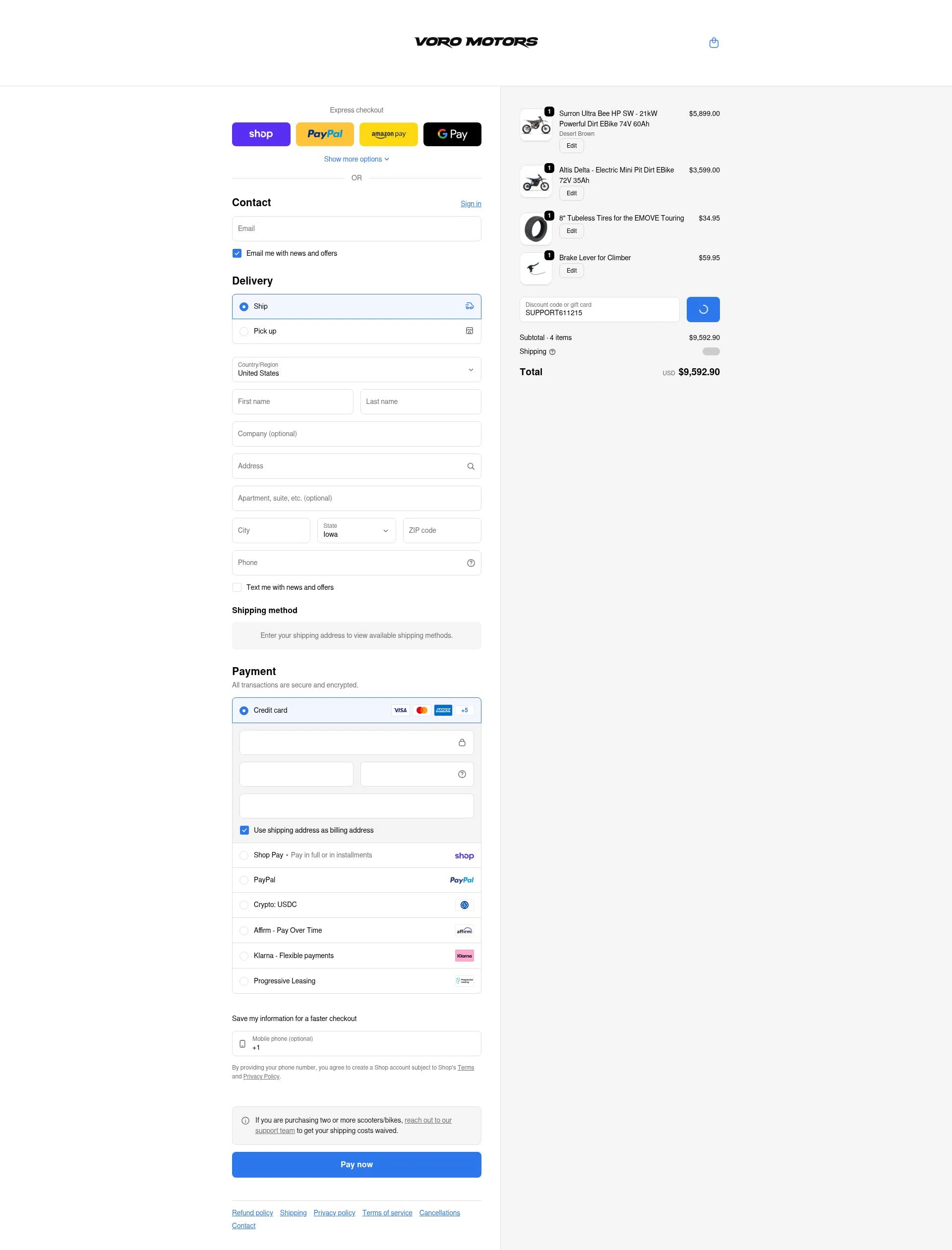 Voro Motors checkout page showing Voro Motors discount code box | Screenshot taken by SimplyCodes community member on Feb 18, 2026