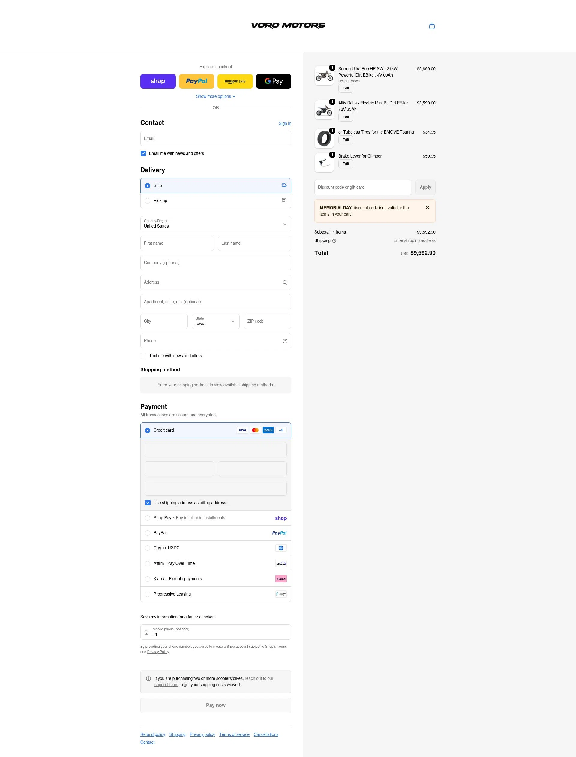 Voro Motors checkout page showing Voro Motors discount code box | Screenshot taken by SimplyCodes community member on Feb 18, 2026