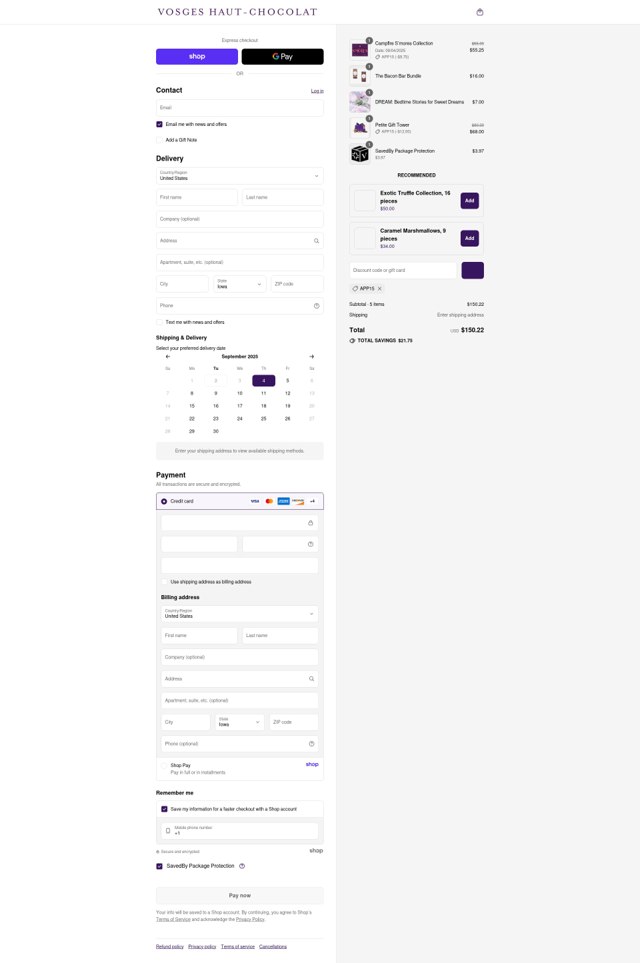 Vosges Haut-Chocolat checkout page showing Vosges Haut-Chocolat promo code box | Screenshot taken by SimplyCodes community member on Sep 2, 2025
