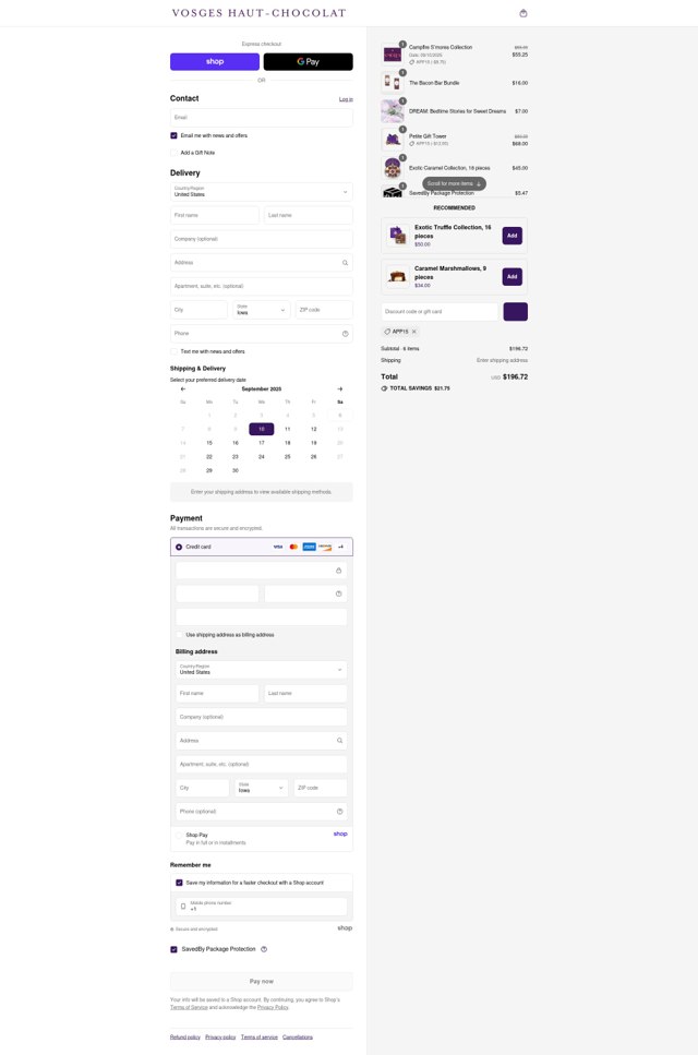 Vosges Haut-Chocolat checkout page showing Vosges Haut-Chocolat promo code box | Screenshot taken by SimplyCodes community member on Sep 7, 2025