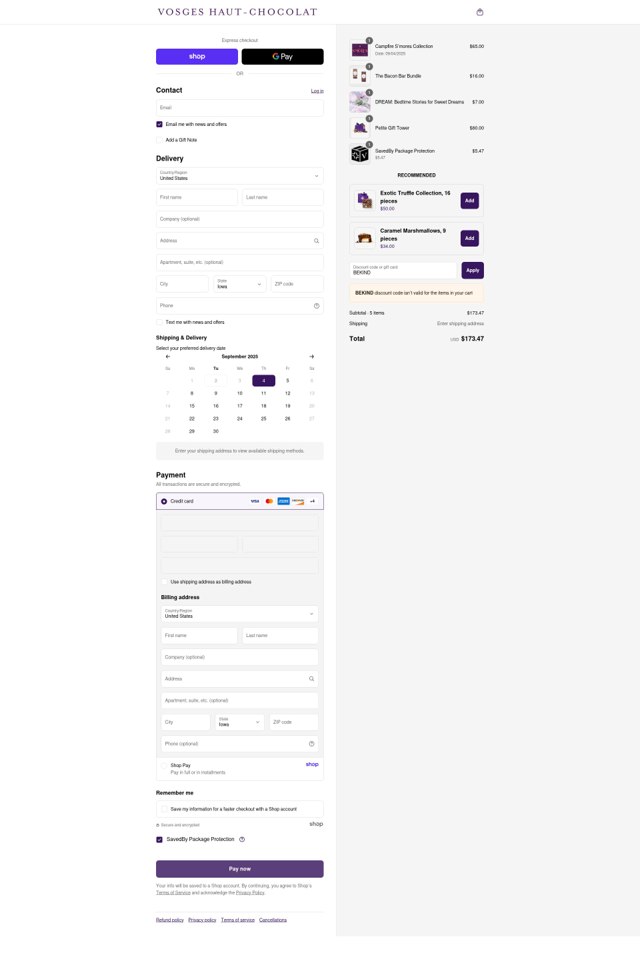 Vosges Haut-Chocolat checkout page showing Vosges Haut-Chocolat promo code box | Screenshot taken by SimplyCodes community member on Sep 2, 2025