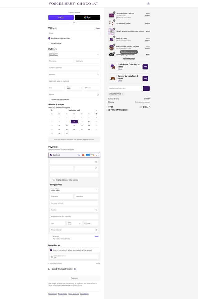 Vosges Haut-Chocolat checkout page showing Vosges Haut-Chocolat promo code box | Screenshot taken by SimplyCodes community member on Sep 7, 2025