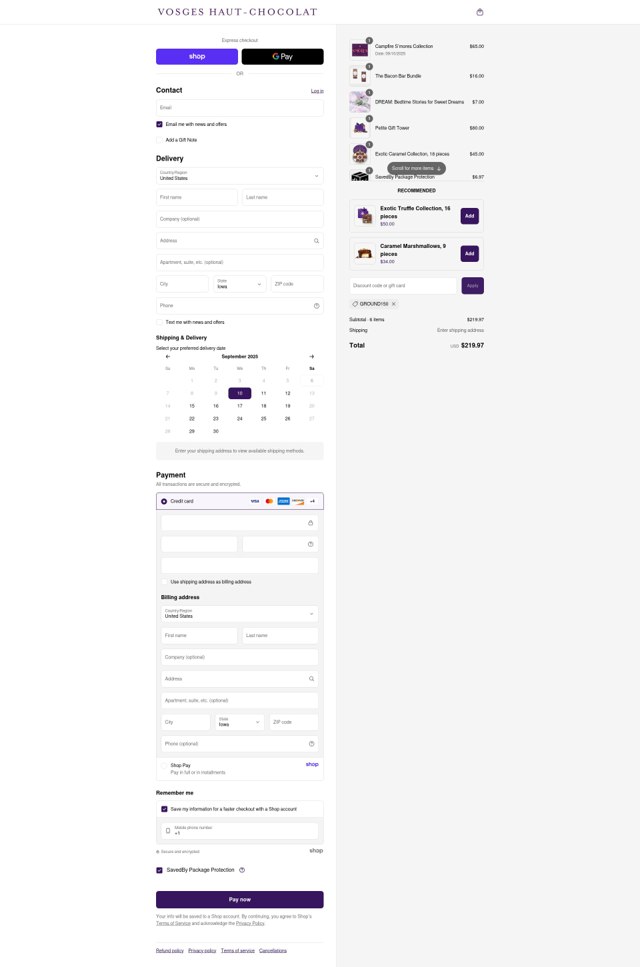 Vosges Haut-Chocolat checkout page showing Vosges Haut-Chocolat promo code box | Screenshot taken by SimplyCodes community member on Sep 7, 2025