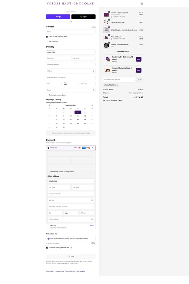 Vosges Haut-Chocolat checkout page showing Vosges Haut-Chocolat promo code box | Screenshot taken by SimplyCodes community member on Sep 2, 2025