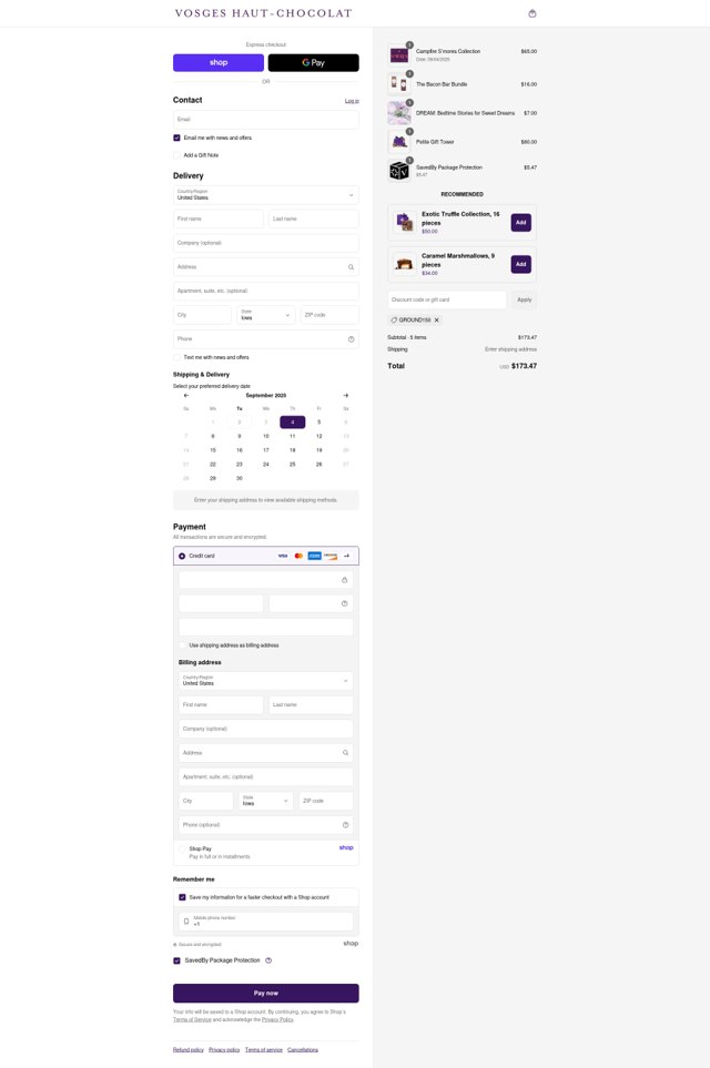 Vosges Haut-Chocolat checkout page showing Vosges Haut-Chocolat promo code box | Screenshot taken by SimplyCodes community member on Sep 2, 2025