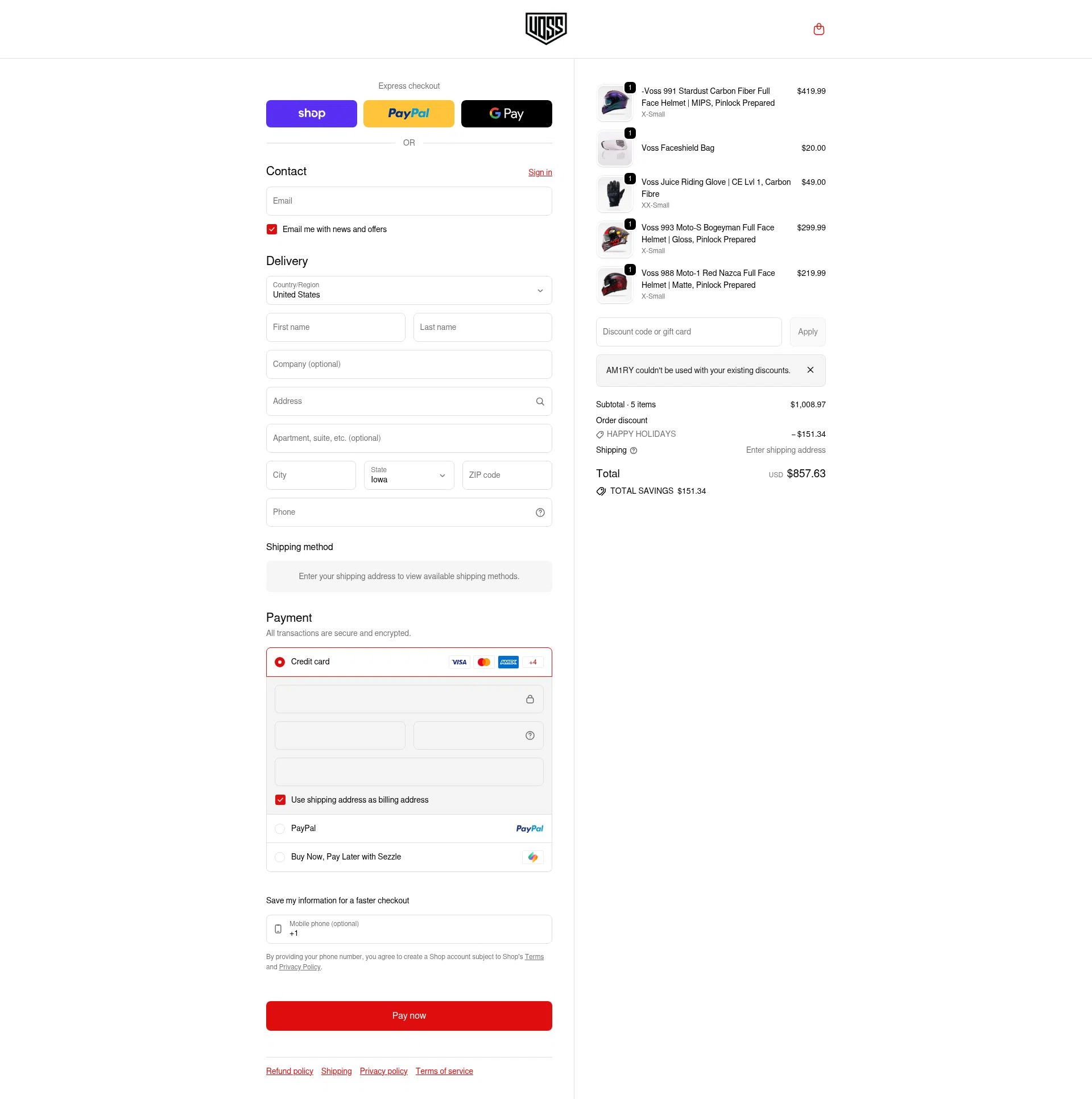 Voss Motorcycle Helmets checkout page showing Voss Motorcycle Helmets promo code box | Screenshot taken by SimplyCodes community member on Feb 10, 2026