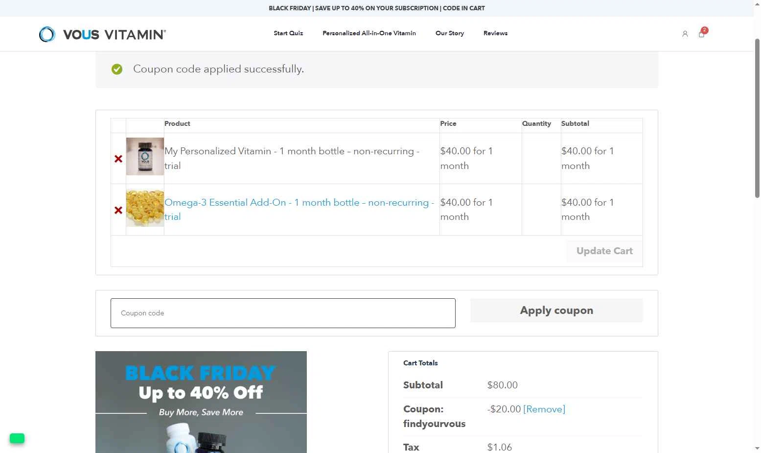 Vous Vitamin checkout page showing Vous Vitamin promo code box | Screenshot taken by SimplyCodes community member on Nov 27, 2025