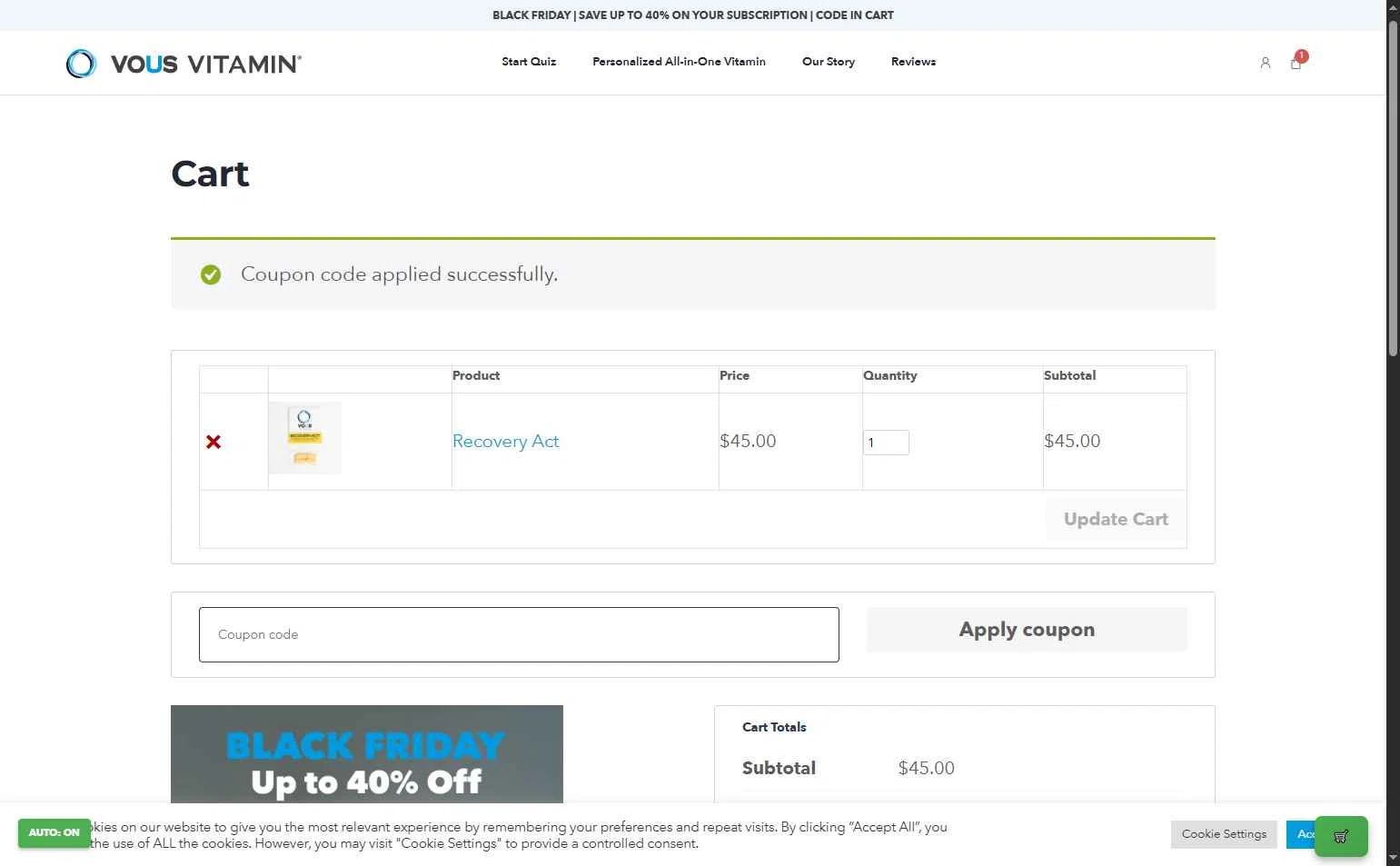 Vous Vitamin checkout page showing Vous Vitamin promo code box | Screenshot taken by SimplyCodes community member on Nov 27, 2025