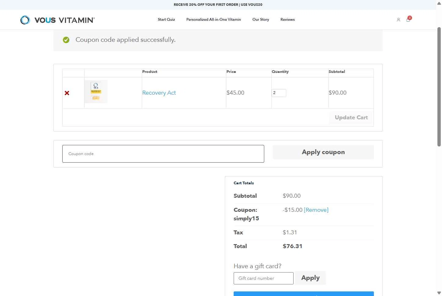 Vous Vitamin checkout page showing Vous Vitamin promo code box | Screenshot taken by SimplyCodes community member on Dec 23, 2025