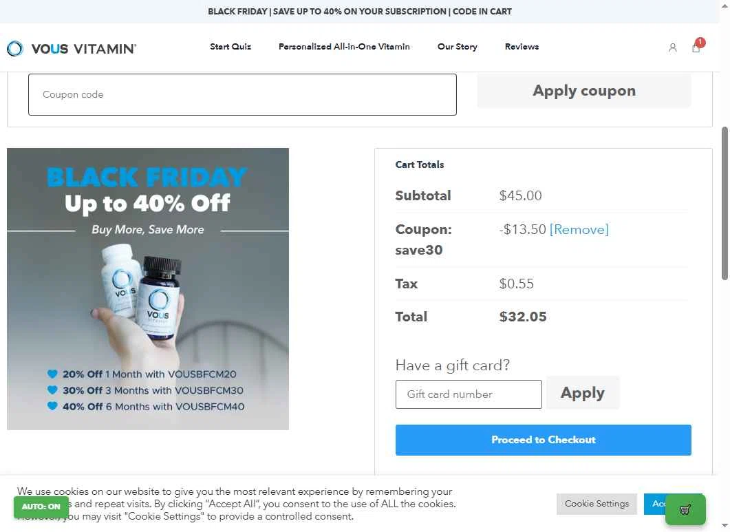Vous Vitamin checkout page showing Vous Vitamin promo code box | Screenshot taken by SimplyCodes community member on Nov 27, 2025