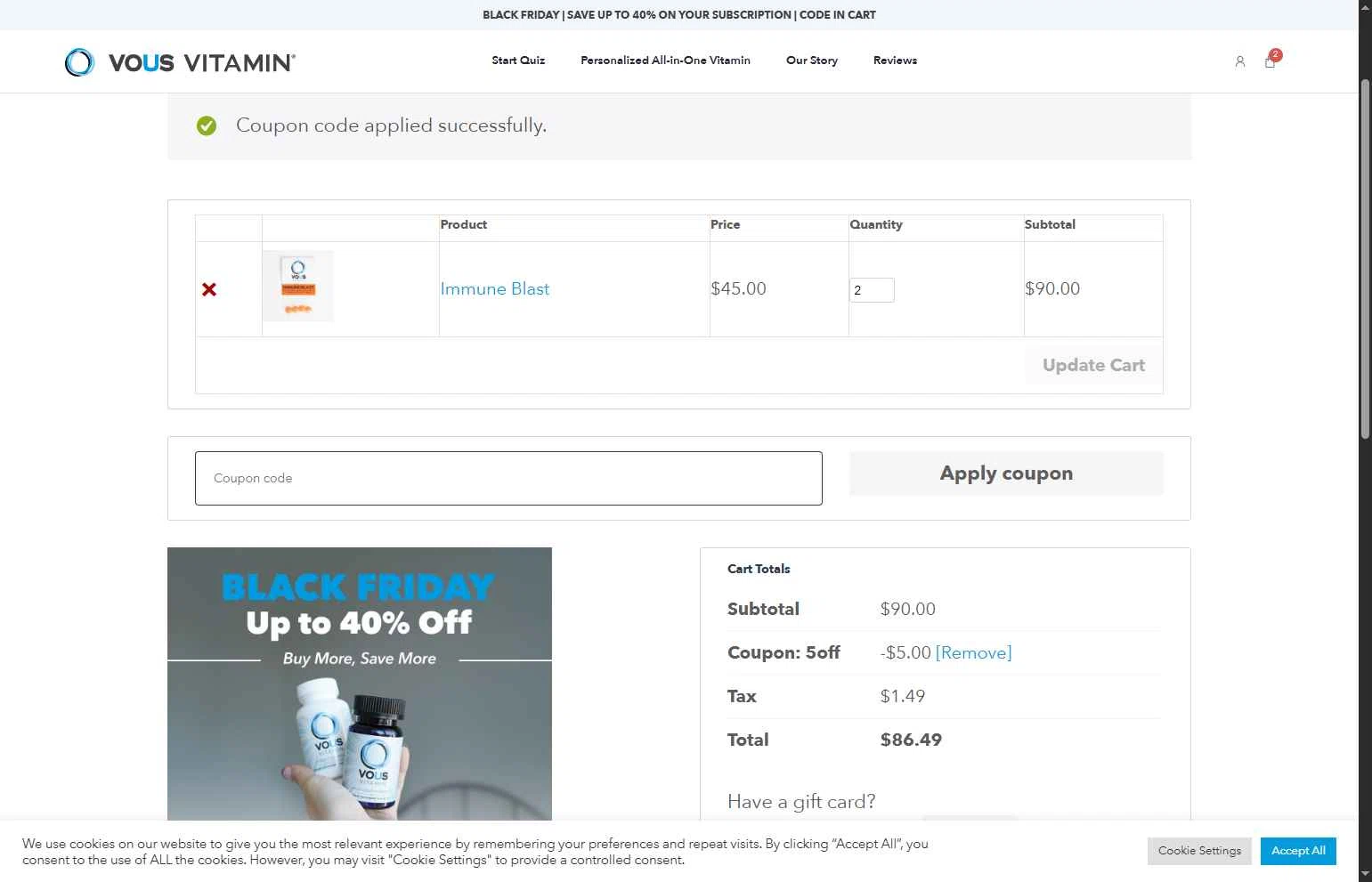 Vous Vitamin checkout page showing Vous Vitamin promo code box | Screenshot taken by SimplyCodes community member on Nov 27, 2025