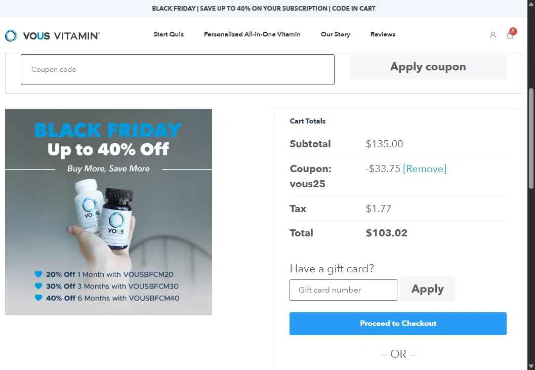 Vous Vitamin checkout page showing Vous Vitamin promo code box | Screenshot taken by SimplyCodes community member on Nov 25, 2025