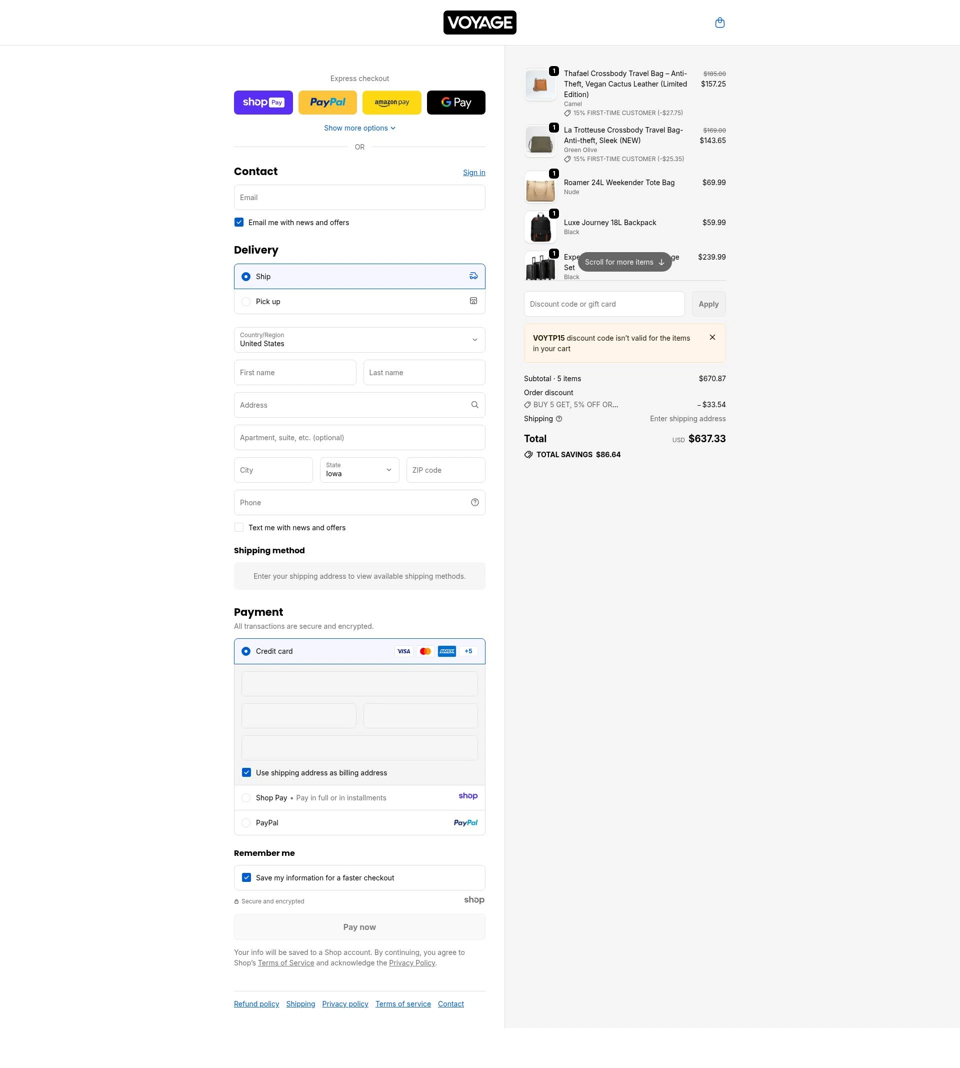 Voyage Luggage checkout page showing Voyage Luggage discount code box | Screenshot taken by SimplyCodes community member on Jan 11, 2026