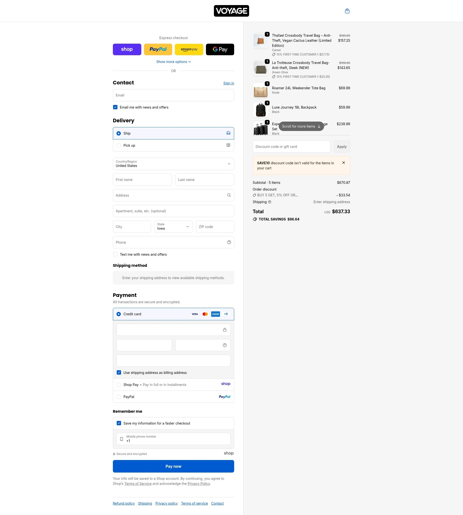 Voyage Luggage checkout page showing Voyage Luggage discount code box | Screenshot taken by SimplyCodes community member on Jan 11, 2026